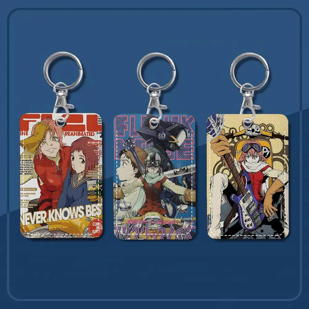 Anime F-Flcl 1Pc PU Leather Card Holder Keychain Key Ring Door Lock Access Tags ID Card Case Keychain Card
