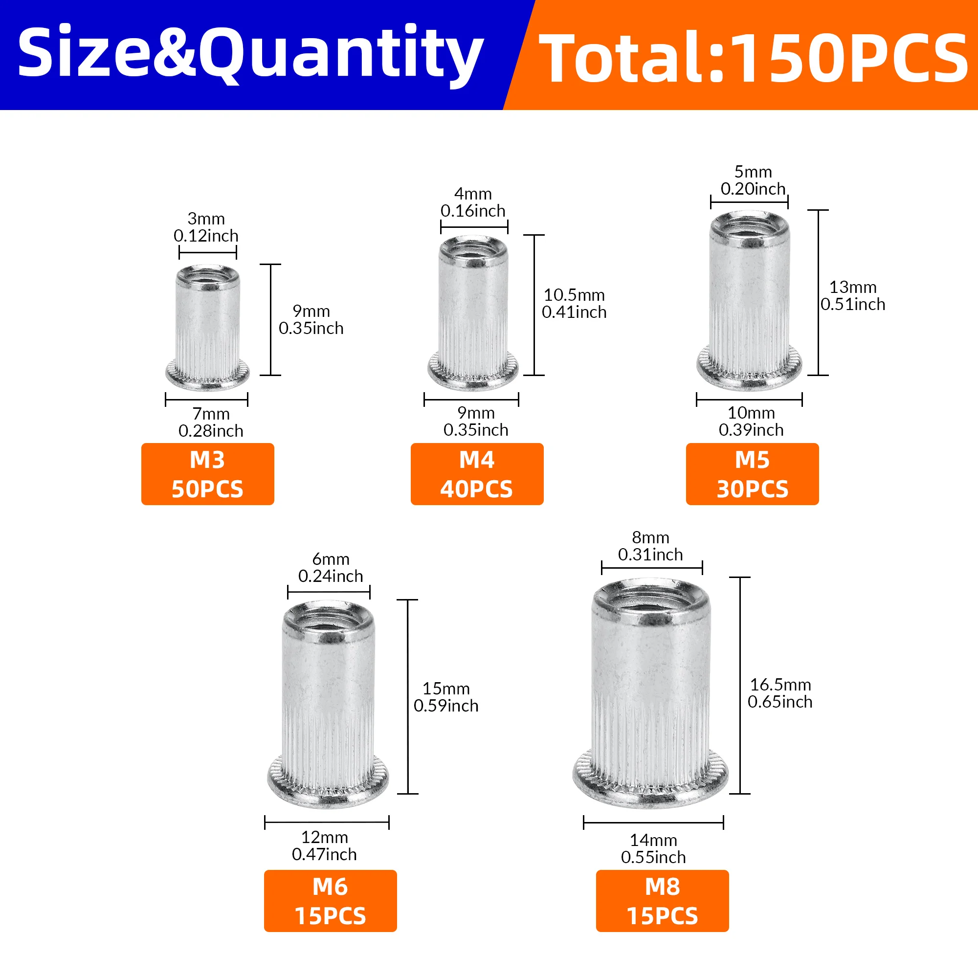 150Pcs Aluminum Rivet Nuts Kit M3 M4 M5 M6 M8 Threaded Insert Nutsert Assortment Set for Automotive Furniture Construction