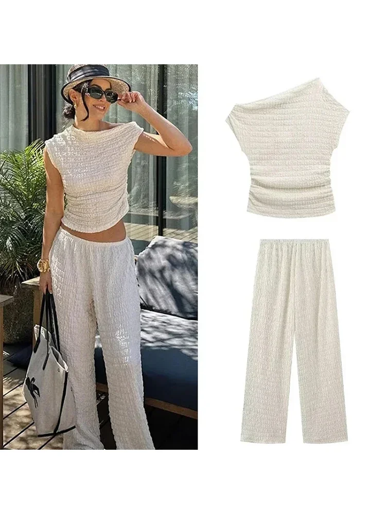 

Casual Long Pants Suit Women Loose Solid Elastic Sleeveless Irregular Sets Female Fashion High Waist Puffy Set 2 Pieces Lady