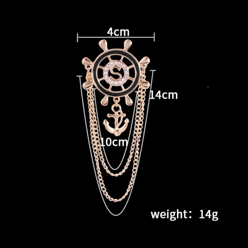 New Crystal Rudder Brooch Anchor Rhinestone Tassel Chain Lapel Pin Men\'s Suit Collar Pins Fashion Brooches for Women Jewelry