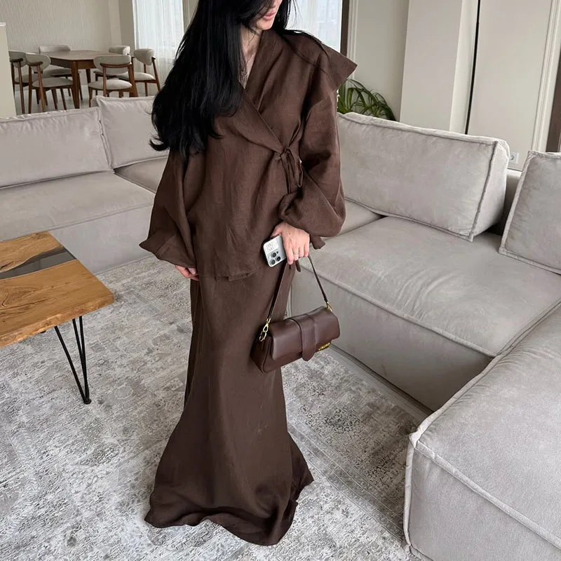 

Elegant V-neck Lace-Up Tops with Long Skirt Set Women Casual Long Sleeve Solid 2 Piece Outfits Fashion Draped Hight Waist Suits