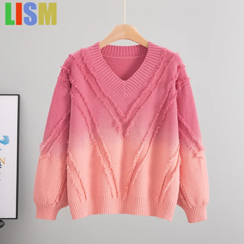 

LISM Winter women Sweatshirt y2k Tassel Knitted Top Gradient Temperament V-Neck Gradient Loose Sweater woman clothing