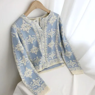 Fall Winter 2021 Floral Korean Cardigan Sweater Women's Long Sleeve Single-breasted Top Retro Ladies Elegant Vintage Cardigan