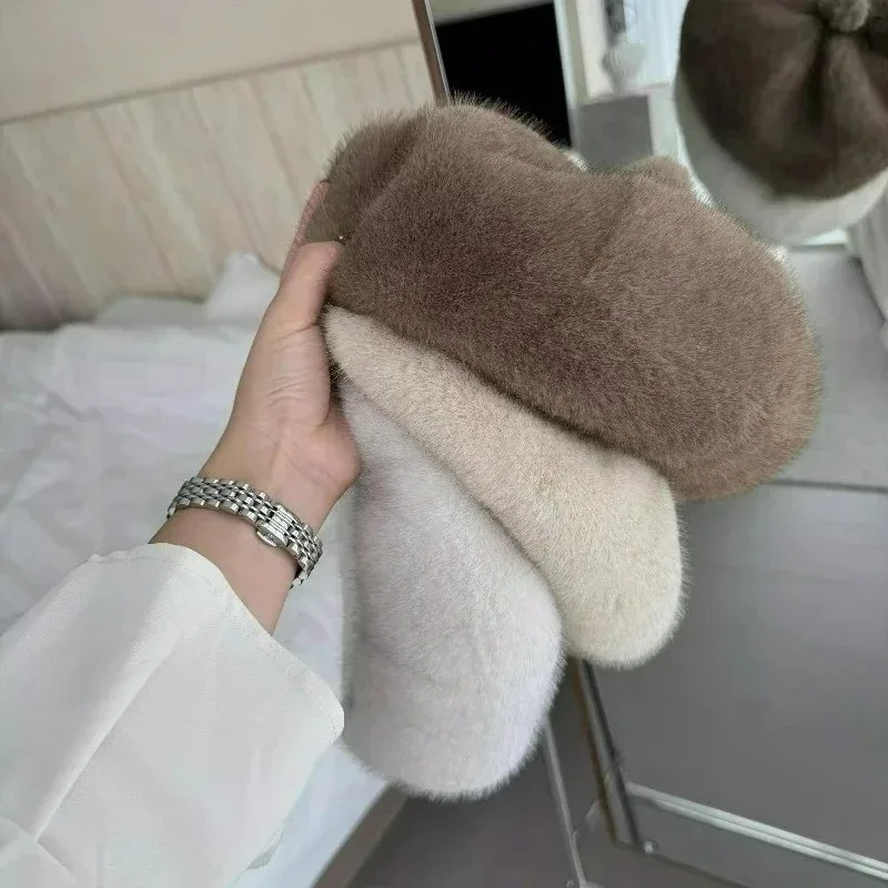 النساء فو فرو المنك القبعات أنيقة النساء قبعات الشتاء 2026 قبعات الفراء الفرنسي محبوك الدافئة تقليد فرو المنك بيني قبعات الهدايا #5