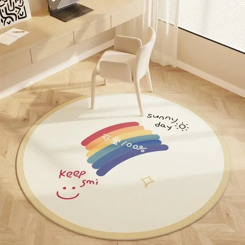 Cute Rainbow Smiley Round Area Rug Soft Non‑Slip Floor Carpet Happy Slogan Art Mat for Kids Room Bedroom Sofa Home Decor