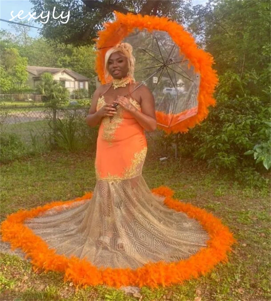 Verjaardag oranje galajurk met veren zeemeermin plus zwarte meisjes pailletten avond Nigeria formeel feest senior baddie aangepast