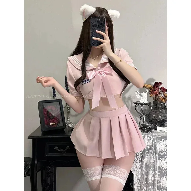 일본 애니메이션 여학생 코스프레 학생 세일러복 JK 유니폼 스커트 세트 스윗 반팔 크롭탑 네이비 란제리 세트 드롭쉽