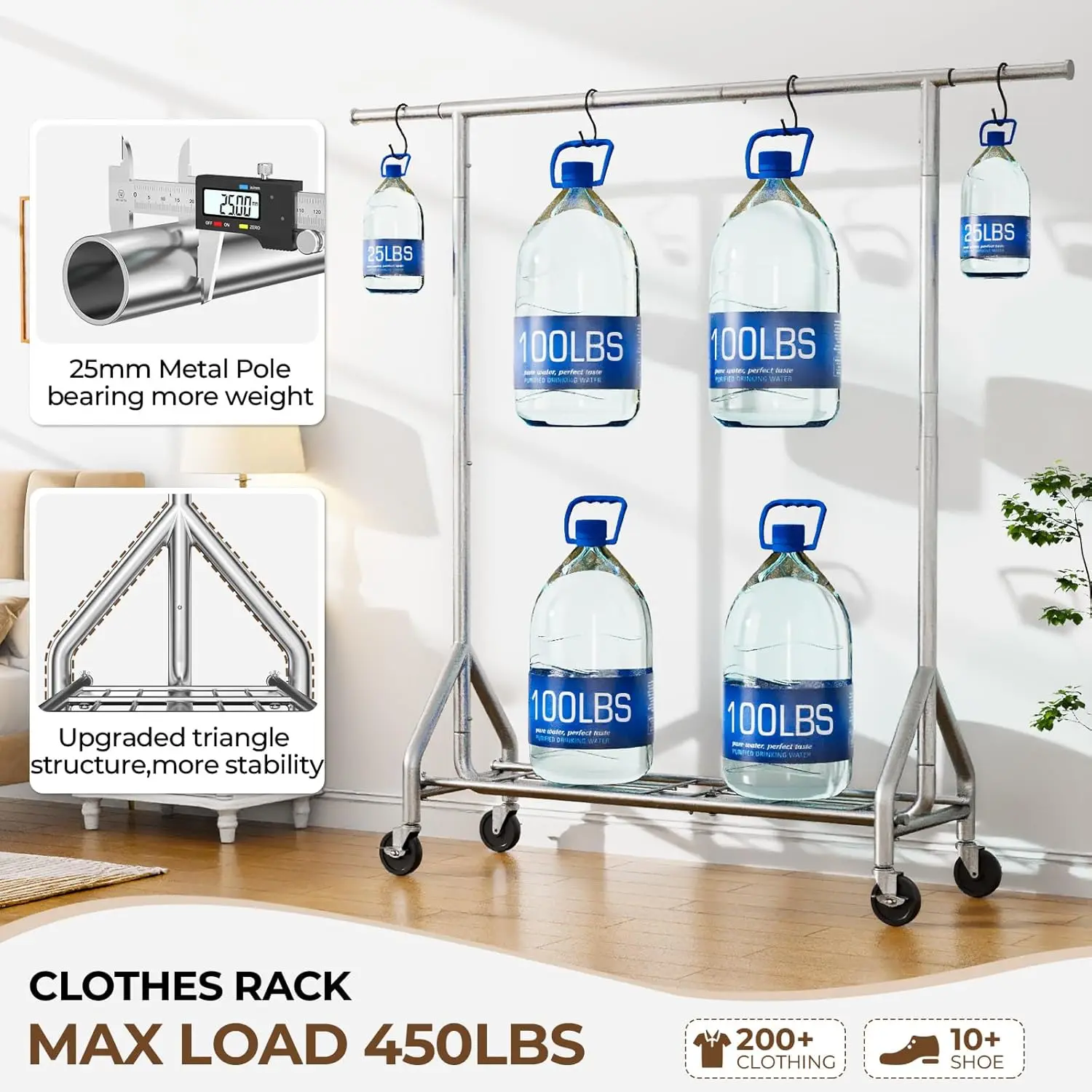 Duty Clothes Rack Load 450 LBS, Metal Garment Rack, Standing Rolling Clothing Rack for Hanging Clothes with Sturdy Wheels