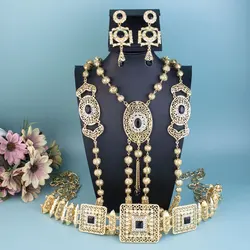 Sunspicems Chic Algeria Morocco Bride Jewelry Sets Gold Color Caftan Belt Shoulder Chain Body Jewelry Arabic Square Earring