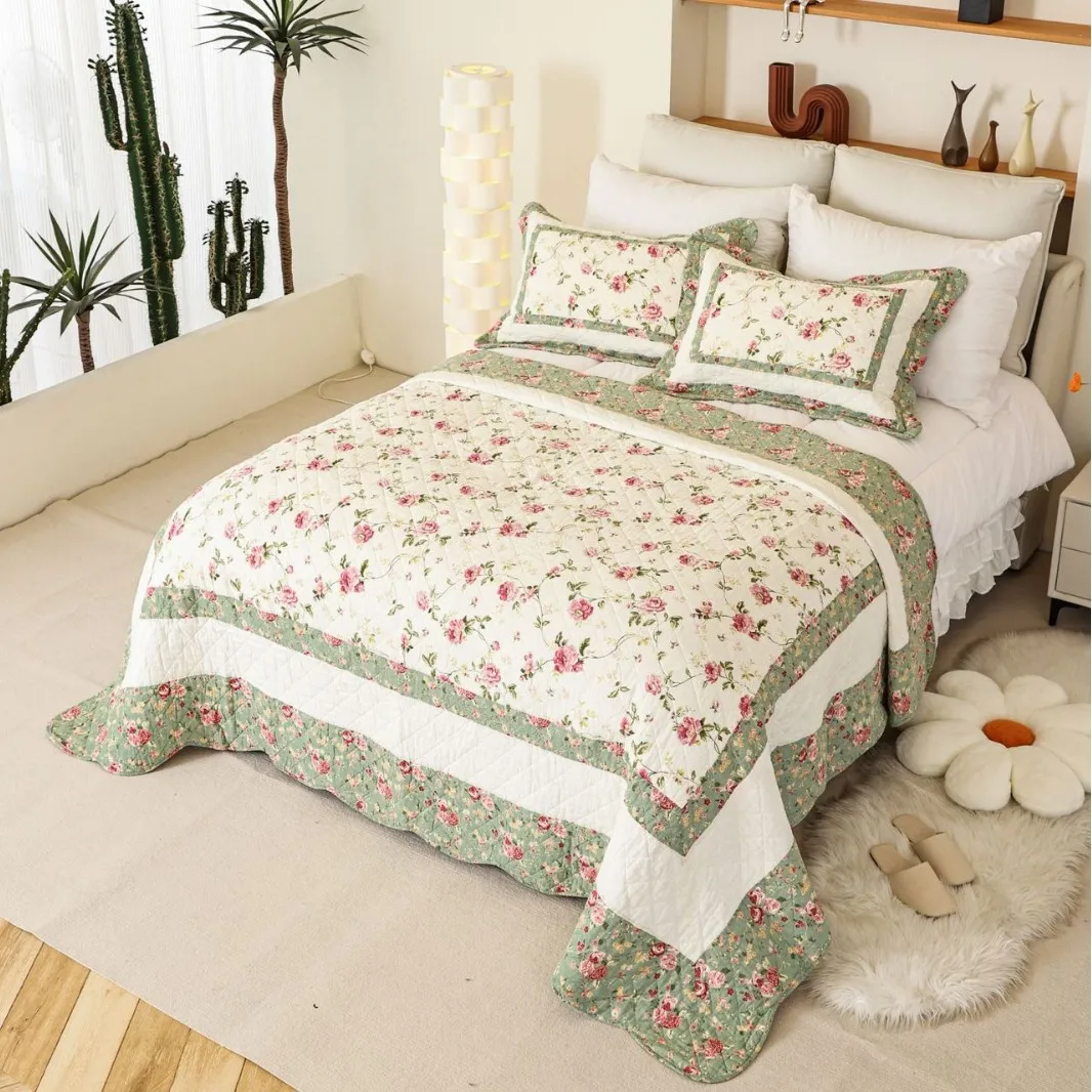 100% Cotton Floral Quilt Bedding Set 3pcs/4pcs Queen Size Lightweight Breathable Bedspread & Coverlet Country Style Home Decor