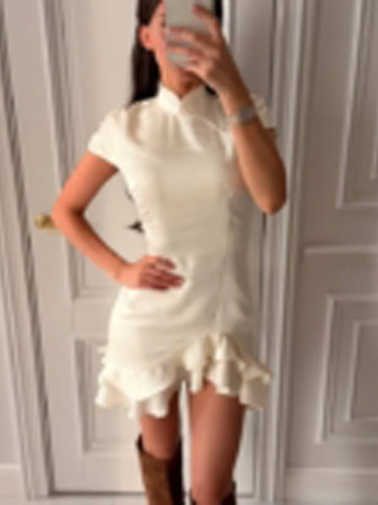 

Satin Jacquard Irregular Ruffle Hemline Mini Dress Women Stand Collar Short Sleeve Slim Dress 2026 New Lady Party Evening Gowns