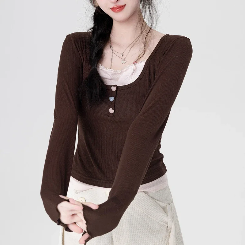 2024 Early Autumn New Sweet and Cute Brown White Bottoming Shirt Fake Two-Piece Knitted Top For Women