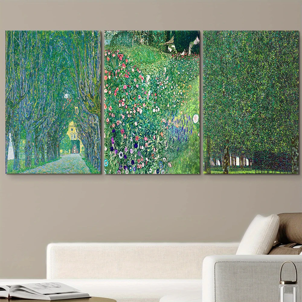 3 Reproductions of Klimt's Famous Paintings, Vienna Park, Greenway, European Retro Oil Painting, Living Room Foyer, Bedroom Deco