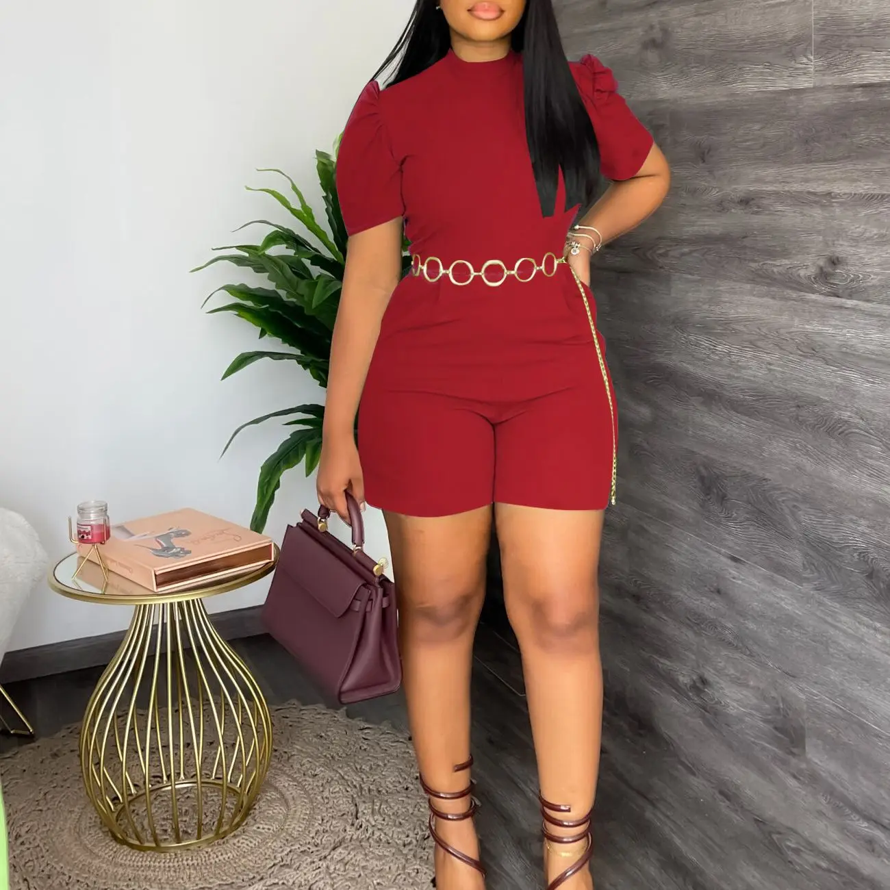 Fashion Jumpsuit Women Casual O-neck Short Sleeved High Waist Lace Up Playsuit Jumpsuit Summer Romper Streetwear