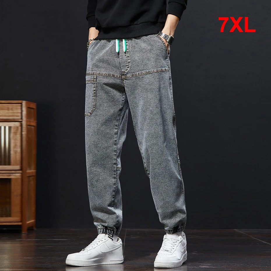 

Vintage Denim Pants Men Elastic Waist Jogger Pants Plus Size 8XL Fashion Straight Jeans Male Trousers Big Size 8XL