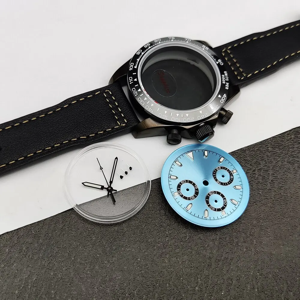 40mm VK63 Chronograph Watch Case Set, Pink Luminous Dial Sapphire Crystal Solid Back 20mm Strap, Hot Sale DIY Mod Build