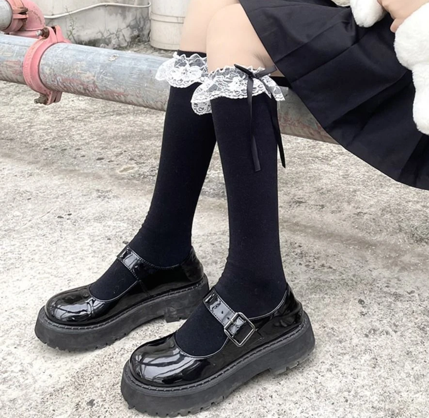 

2Pairs Comfortable Ruffle Lace Bowknot Stockings Streetwear Sweet Long Tube Socks Harajuku Lolita JK Stockings for Women Girl