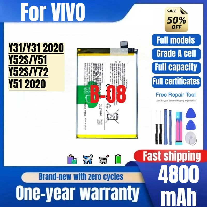 

B-O8 for VIVO Y31/Y31 2020/Y52S/Y51/Y52S/Y72/Y51 2020 Phone Battery High Quality High Capacity Replacement Bateria with Tools