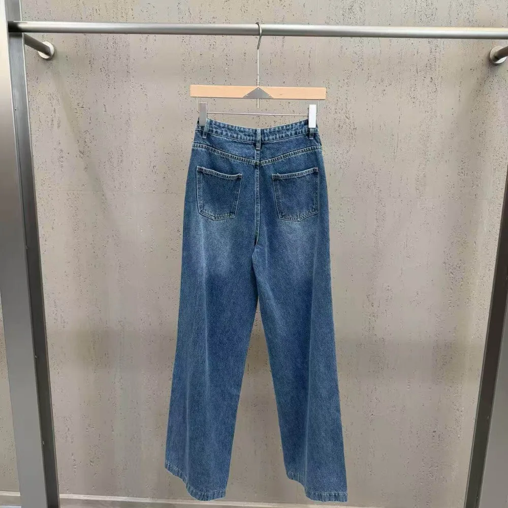 High Street Jean Pant New Loose Straight Tube Heavy-duty Buckle Spliced Cross Wide Leg Jeans Women's Slimming Pants