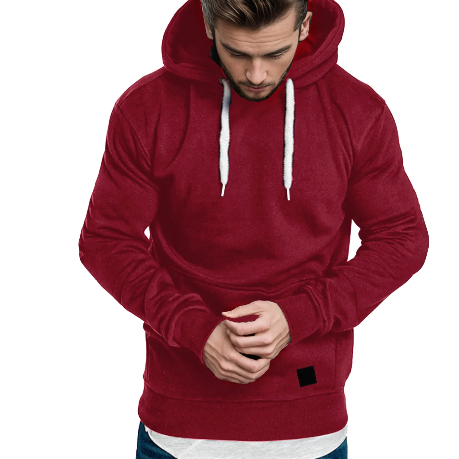 Jaqueta de manga comprida masculina com capuz, monocromática, tamanho grande, jaqueta casual, cordão, capuz quente, simples, salto confortável, inverno