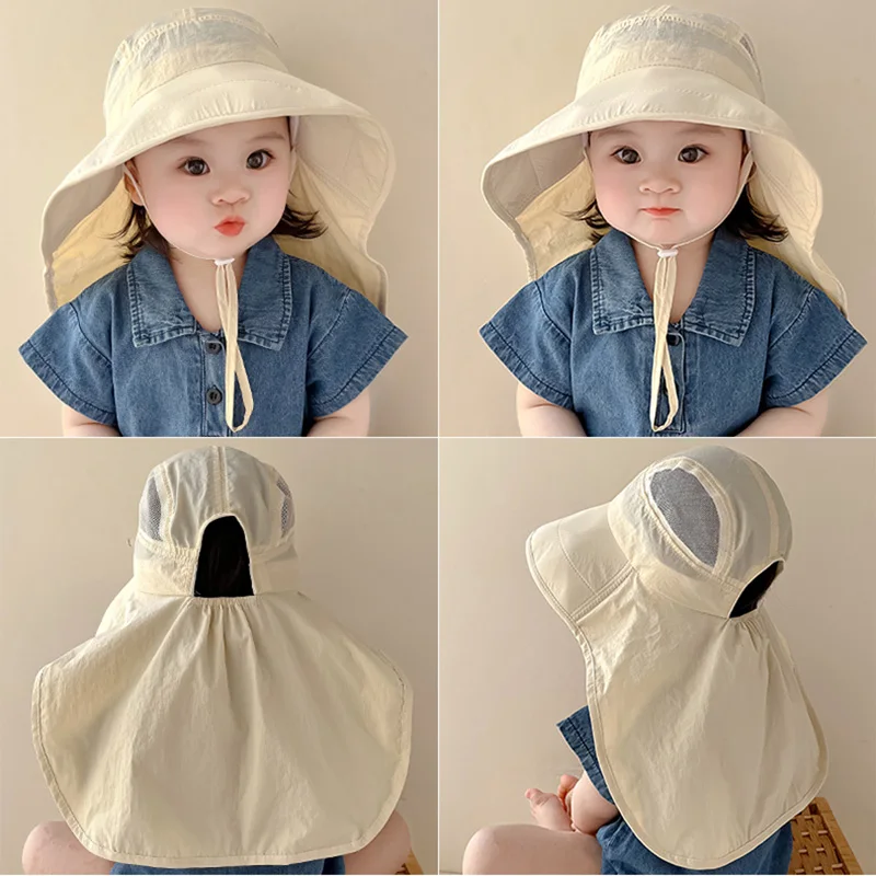 Summer Baby Hat Big Brim Panama Hats with Shawl Beach Travel Sun Cap Quick-Dry Kids Neck Protection Accessories