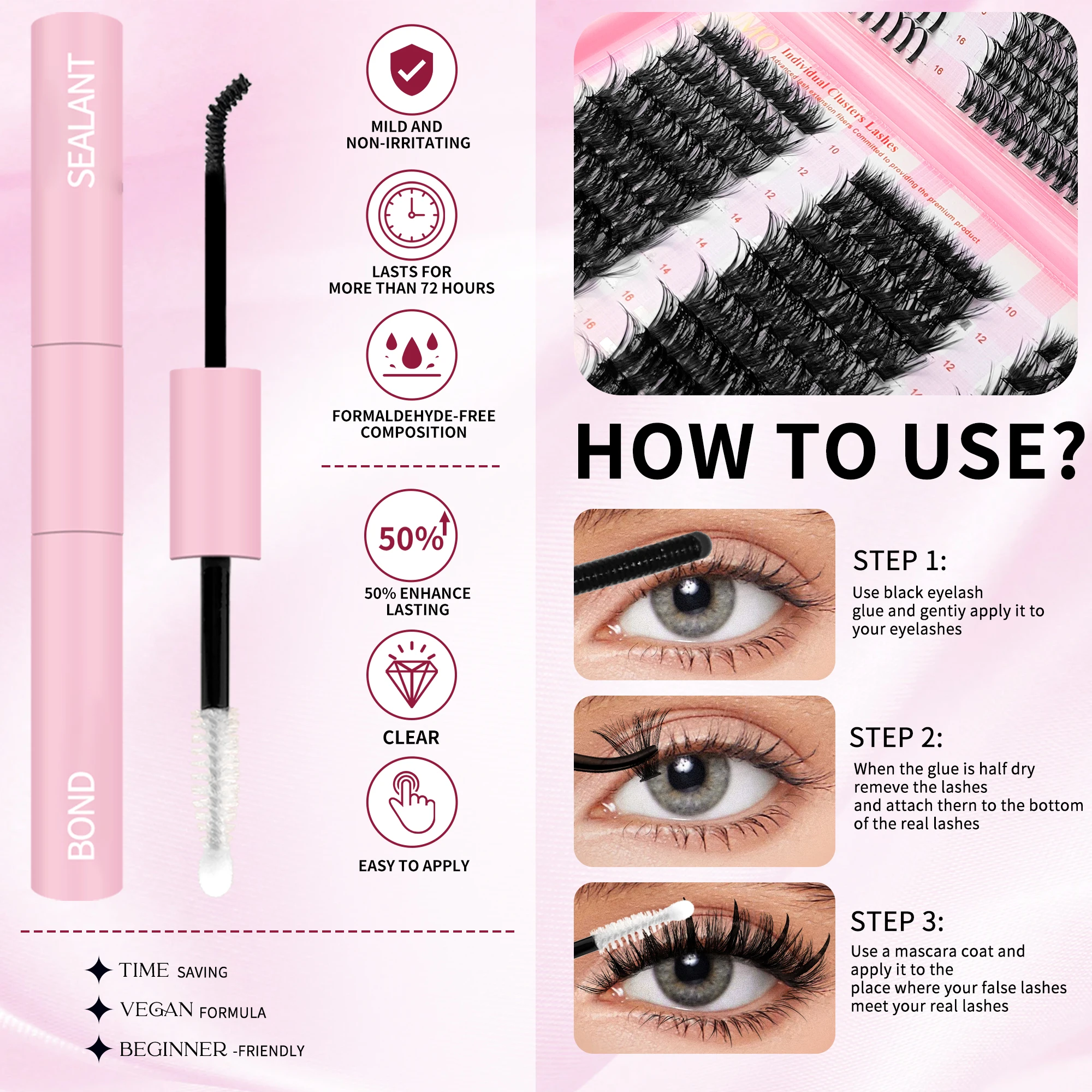 Complete Cluster Lash Kit for Beginners DIY Eyelash Extensions Kit with Cluster Glue Strong 2 Weeks Lash Bond and Seal 2 in 1