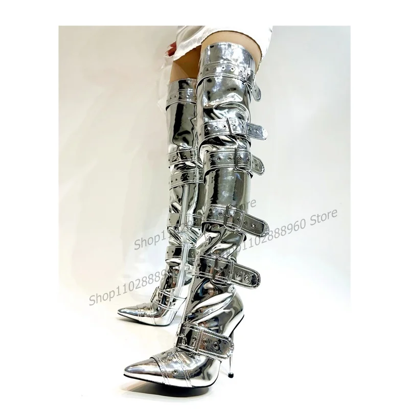 Over The Knee Solid Belt Buckle Decor Boots Thin High Heel Women Shoes Side Zipper Pointed Toe 2023 Fashion Zapatos Para Mujere