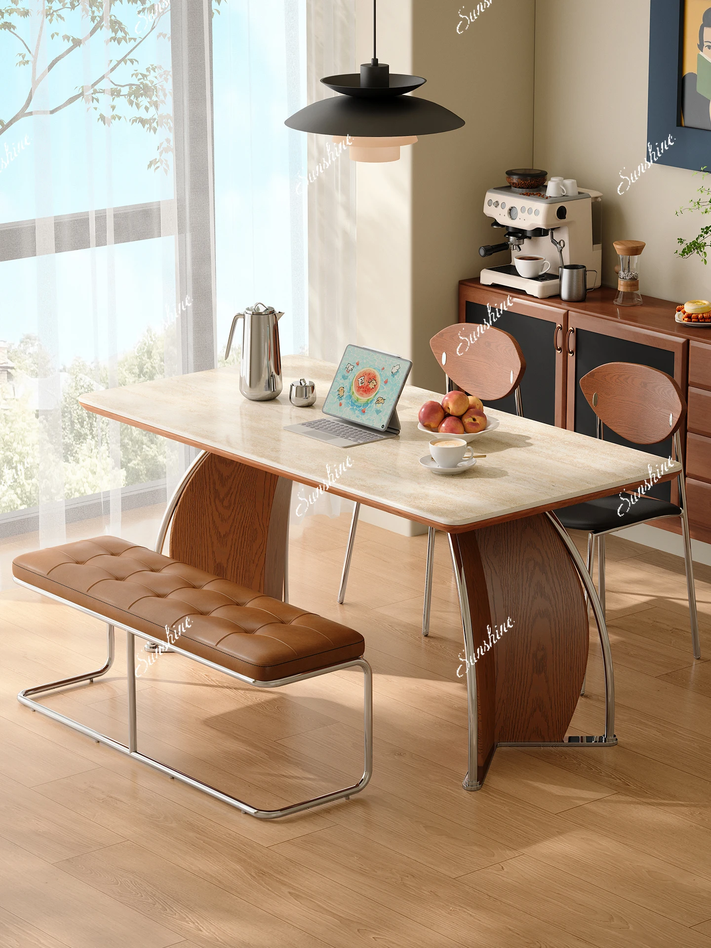 Solid wood rock slab dining table is retro for home use, small for home use, rectangular.