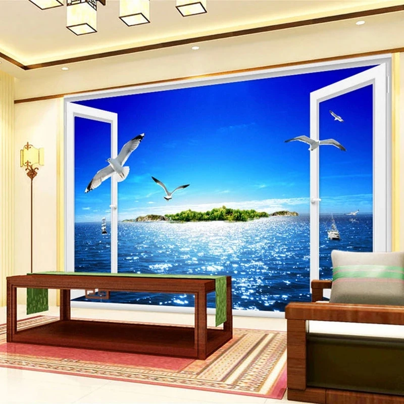 Custom Mural 3D Window Sea View Wall Painting Beach Island Seagulls Wallpaper Living room TV background wall bedroom restaurant