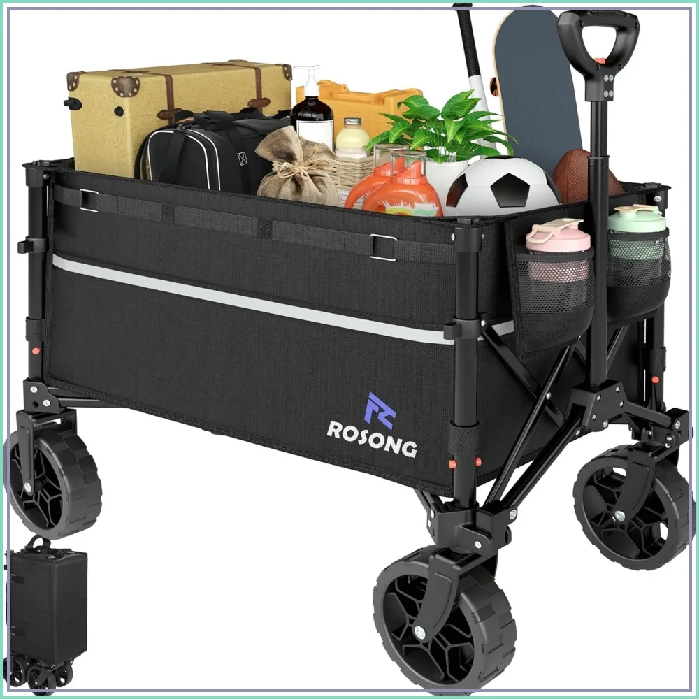 Collapsible Wagon Cart with Wheels - Heavy Duty Folding Utility Cart for Grocery, Garden, Camping, Shopping - 120L Capacity, Black