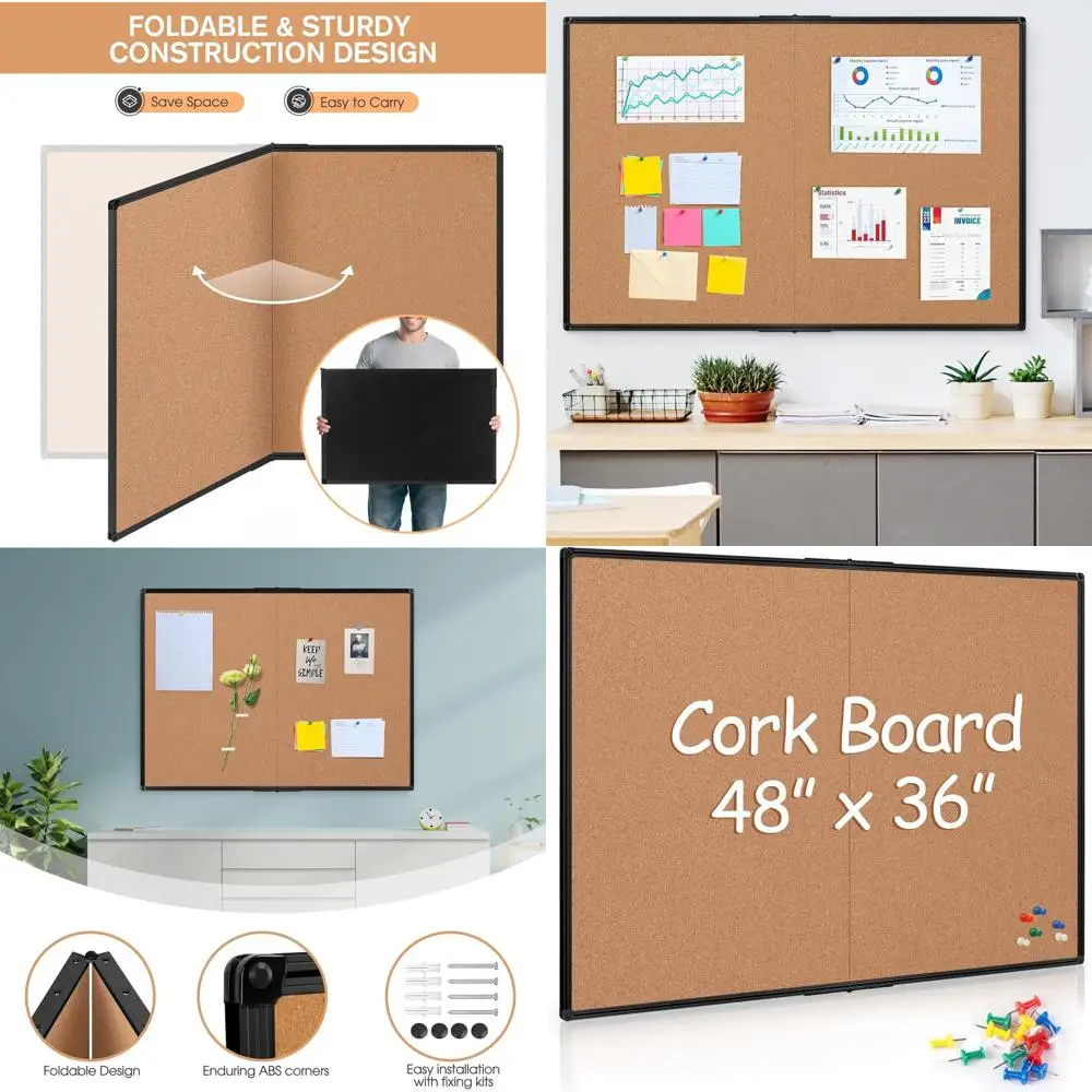 

36x48 Foldable Wall-Mounted Corkboard, Black Framed 4x3, Large Office/School Bulletin Board with 36 Pins