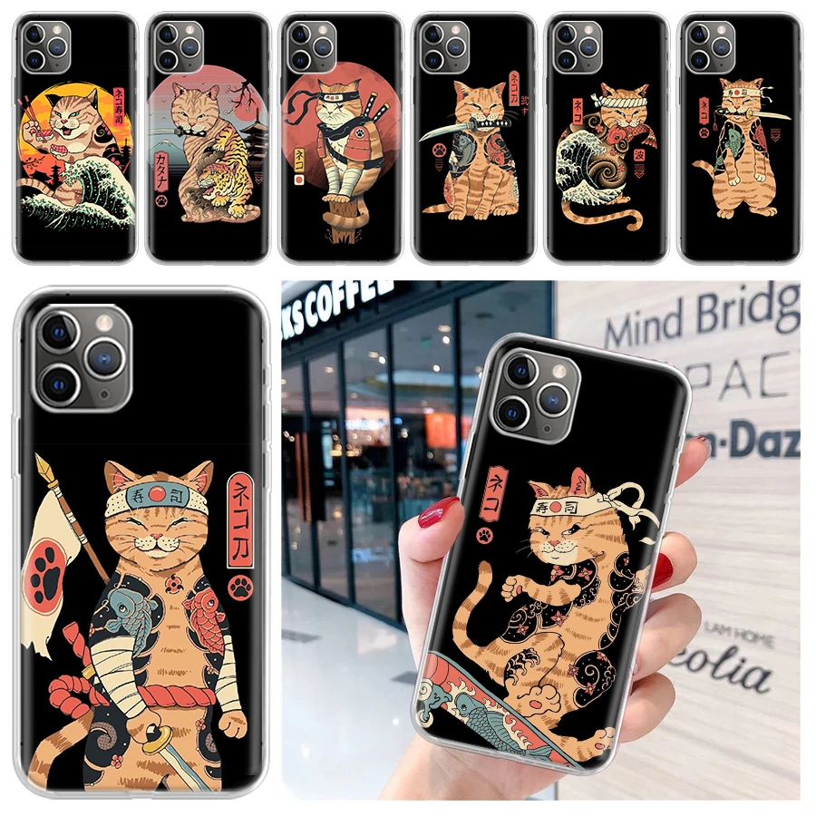 Ramen Sushi Samurai Tattoo Cat Soft Phone Case for iPhone 16 15 14 Plus 13 12 Mini 11 Pro Max 7 + Apple XS X SE 2020 8 Cover She