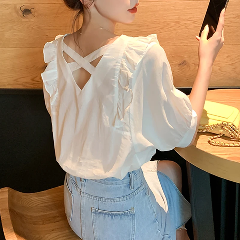 

Thin Chiffon Shirt Summer Short Sleeve Women's Top Design V-neck Wood Grain Shirt Korean Style Straight Cut Bubble Sleeve