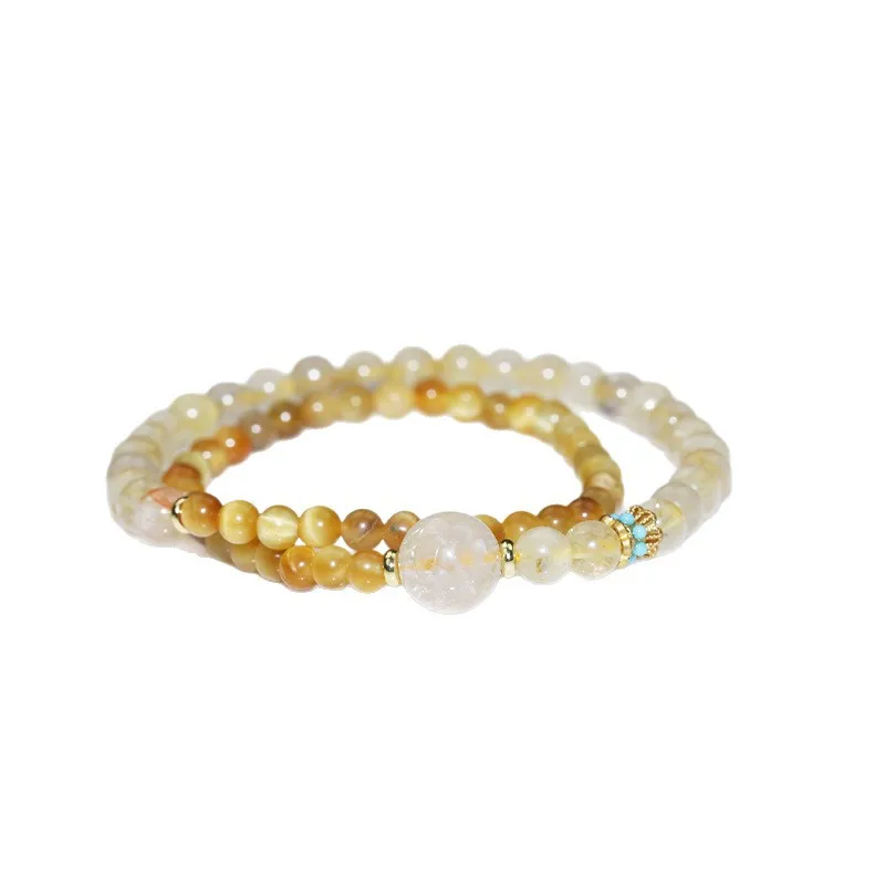 Chinese Style Lucky Fortune Blessing Natural Rutilated Quartz Golden Tiger Eye Double Layer Beaded Bracelet For Women Elegant