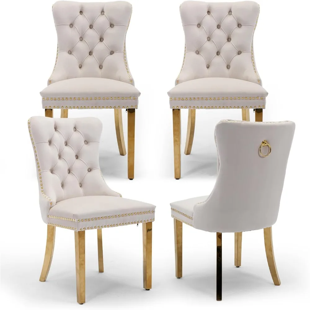 Velvet Dining Chairs Set of 4 Upholstered Tufted Dining Room Chair Kitchen Side Chairs with Nailhead Trim and Gold Plated Legs