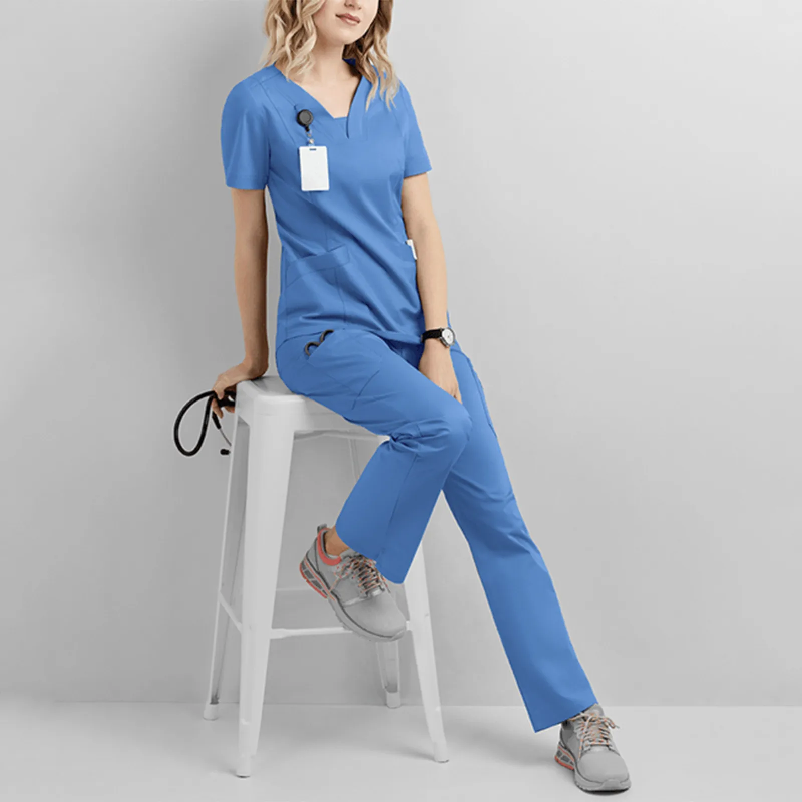 

Hospital Doctor Nursing Uniform Women Wholesale Casual Short Sleeved V-Neck Jogger Suits Nurse Pharmacy Working Uniform