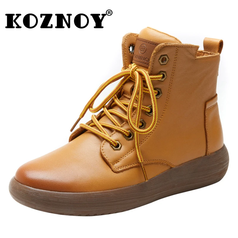 

Koznoy 3cm Retro Cow Genuine Leather Snow Ankle Boots Autumn Winter Zip Women Booties Ladies Soft Warm Fur Plush Flats Shoes