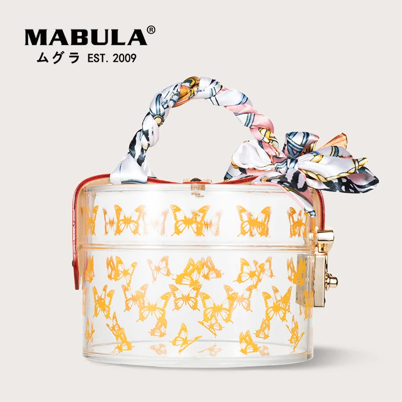 MABULA Butterfly Print Transparent Jewelry Scotts Box Eco Acrylic Clear Trunk Top Evening Handbags 2 pcs Silk Scarf Woven Strap