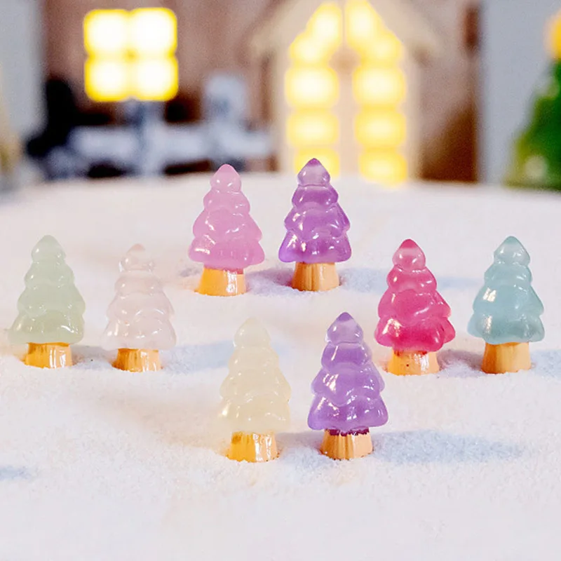 10Pcs Mini Luminous Christmas Tree Ornaments Glowing Resin Plants Micro Landscape Figure Miniature Statue Potted Decor Kids Gift