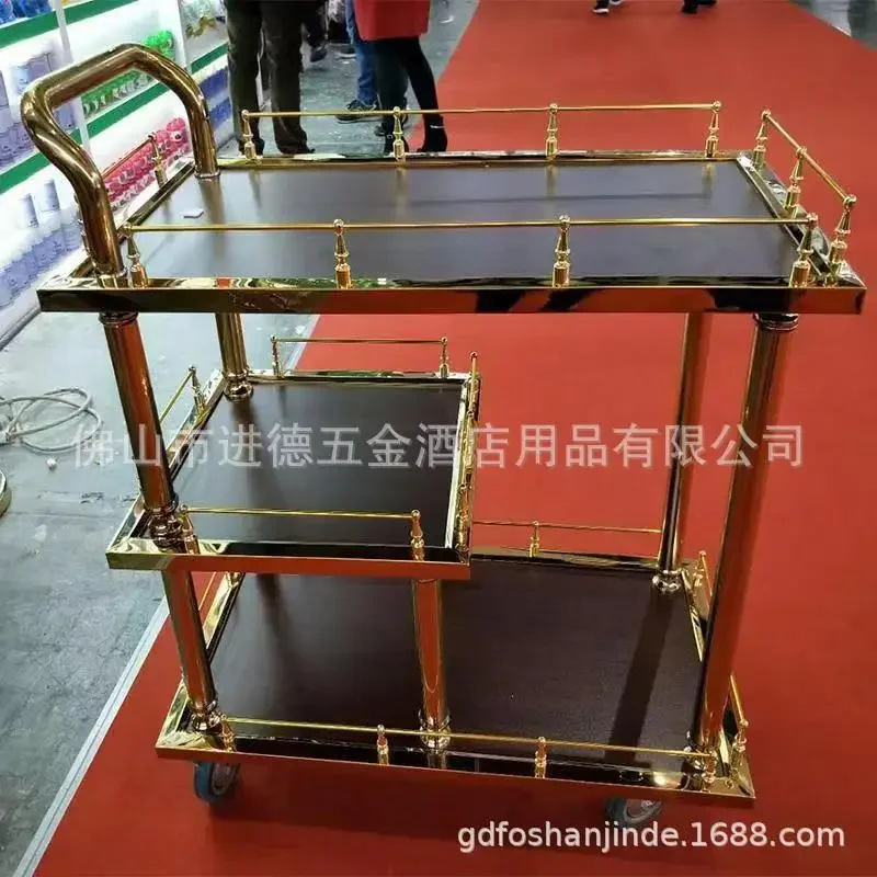 European-style titanium room wine cart steel and wood three-layer service cart hand push KTV wine delivery cake cart royal