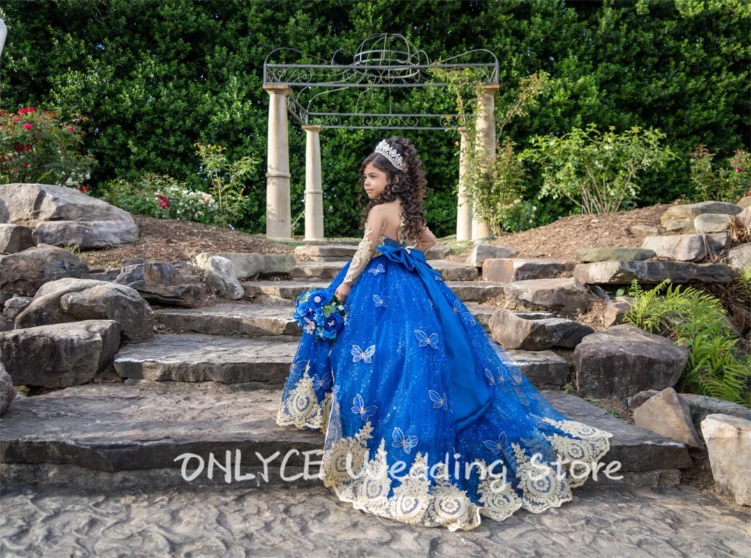 Royal Blue Flower Girls Dress With Bow Princess Ball Gown Butterfly Lace Applique Beads Luksusowa suknia urodzinowa dla dzieci Dostosowane