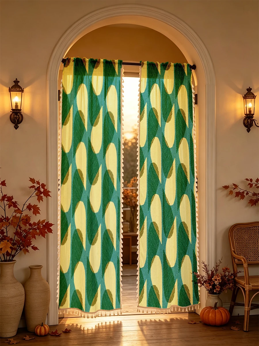 1PC Geometric Tassel Sheer Curtain, Yellow Green Teardrop, Digital Print, Linen Polyester, Bedroom Living Room, Kitchen