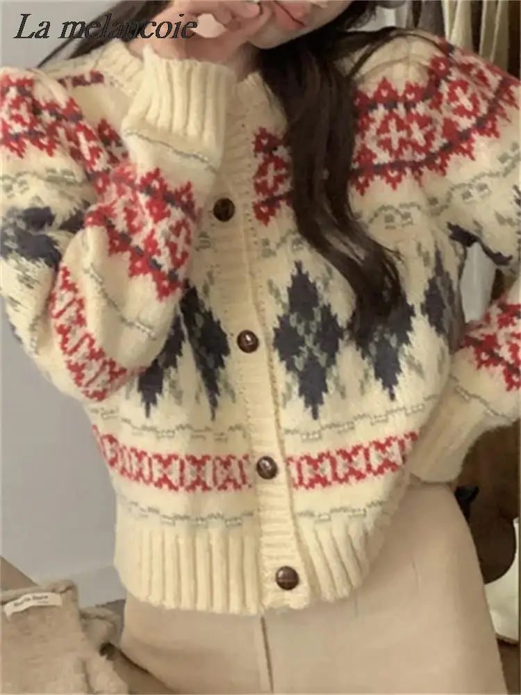 Ugly Christmas Sweater Women Vintage Button Up Knitted Jacquard Cardigan Jumpers Autumn Winter 2024 New Fashion Casual Knitwear