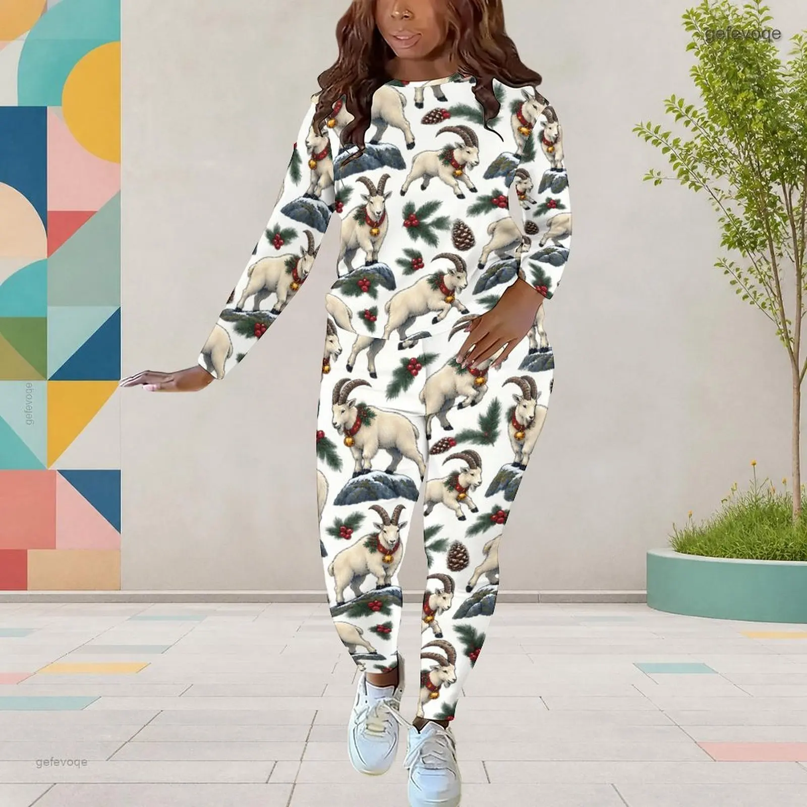 Women Christmas Wreath Candy Printed Round Neck Long Sleeve Two Piece Pants Set