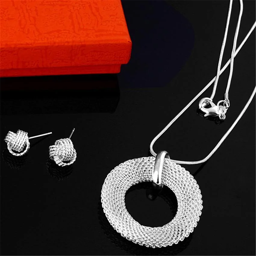 Schmuckset aus 925er-Sterlingsilber, runde Netz-Halskette, Netz-Ohrring-Set für Damen, modisch, schlicht, für Geburtstag, Party, Jahrestag, Schmuck, Geschenk