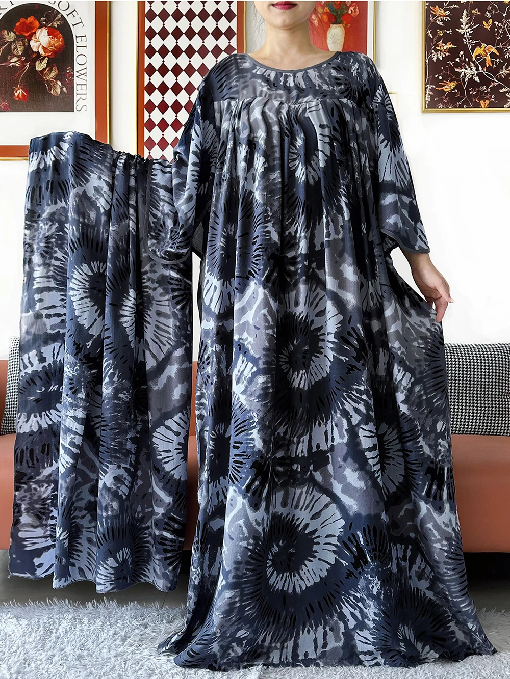 New Loose Floral Dress Short Sleeve Cotton Women Abaya with Big Scarf Boho Maxi Dress Fashion Dress African Vestidos ED325 3
