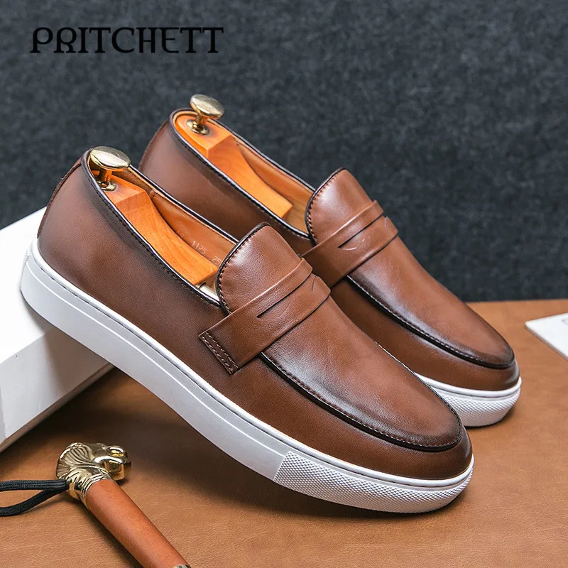 

Round Toe Large Size Casual Leather Shoes Retro Comfortable Trendy Shoes Fashionable British Style Low Top Men's Loafers