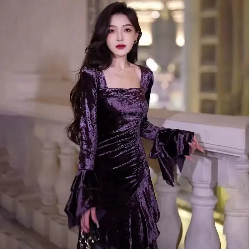 

RAIN YAN LIN Французское элегантное фиолетовое бархатное платье для женщин, весеннее, с квадратным вырезом, длинными рукавами, завышенной талией, облегающее, роскошное вечернее платье