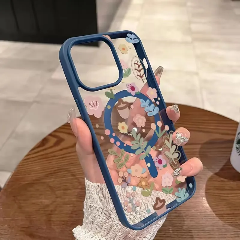 Non-Slip Phone Case For iPhone 17 16 15 14 13 12 11 Pro Xs Max Plus Mini XR Air X 17e 16e Cute Flower Pattern Magnetic Cover