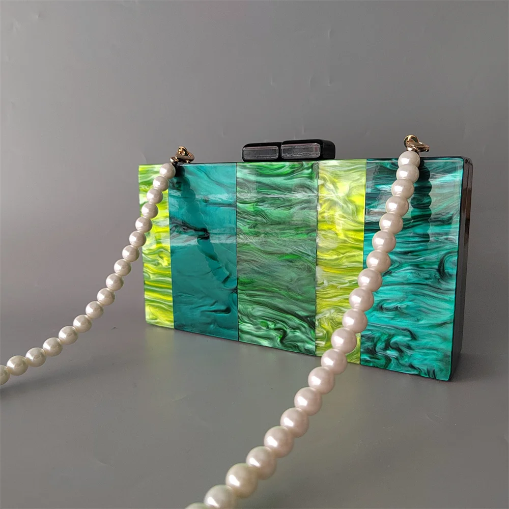 Pearl Striped Green Acrylic Luxury Brand Women Hasp Chain Versatile Party Box Clutches Evening Wedding Cross Body Mini Female Ba